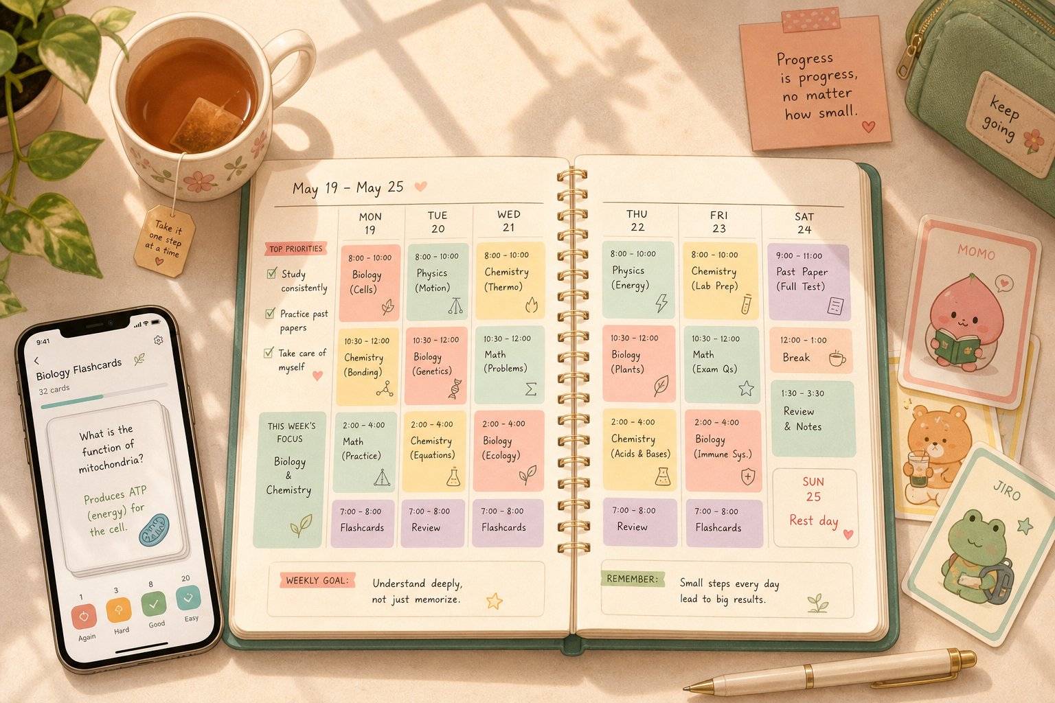 a consistent daily study schedule with dedicated time blocks turns character learning into an automatic habit