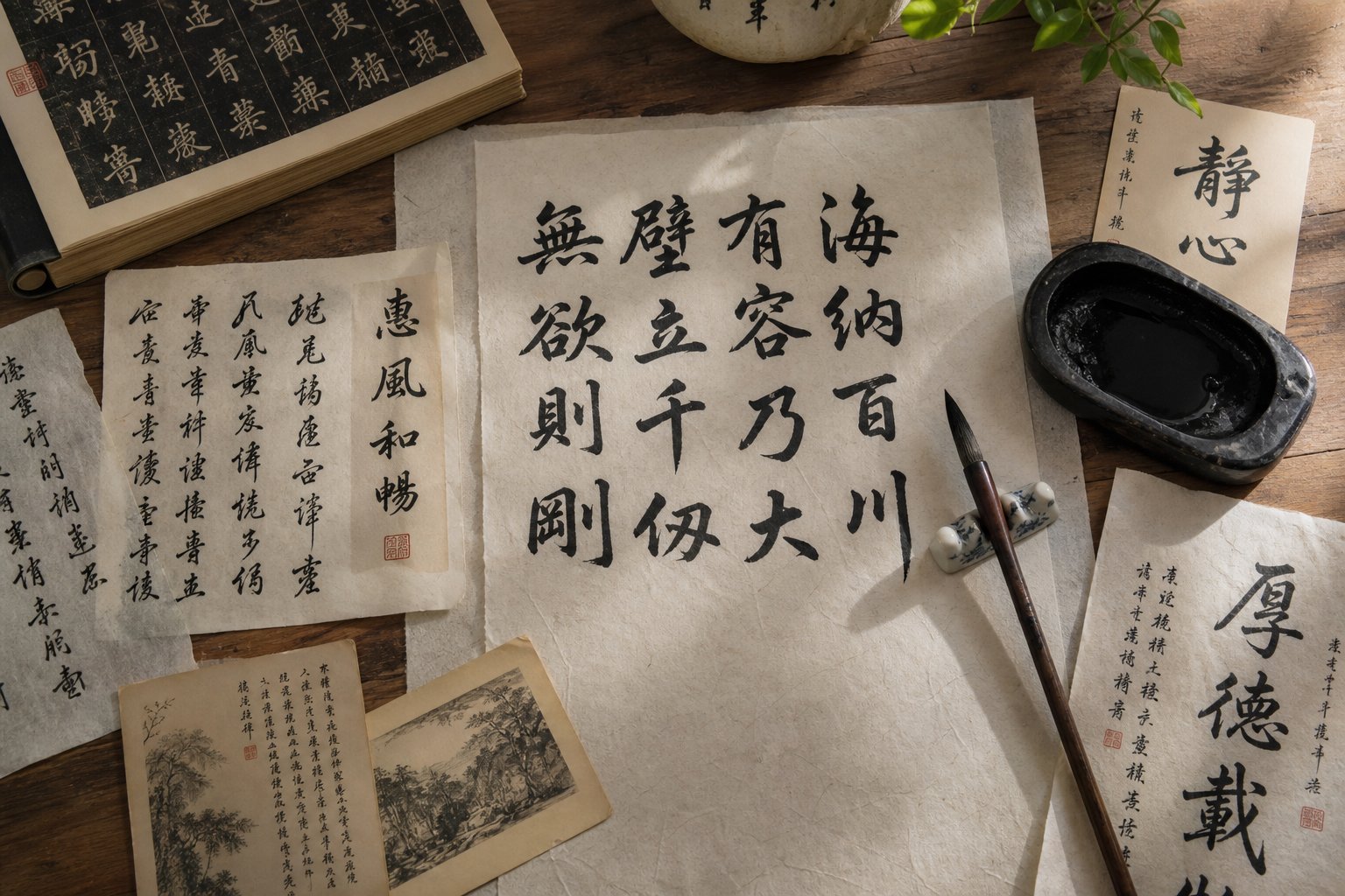 a creative workspace for crafting a personal chinese name with calligraphy tools and character exploration notes