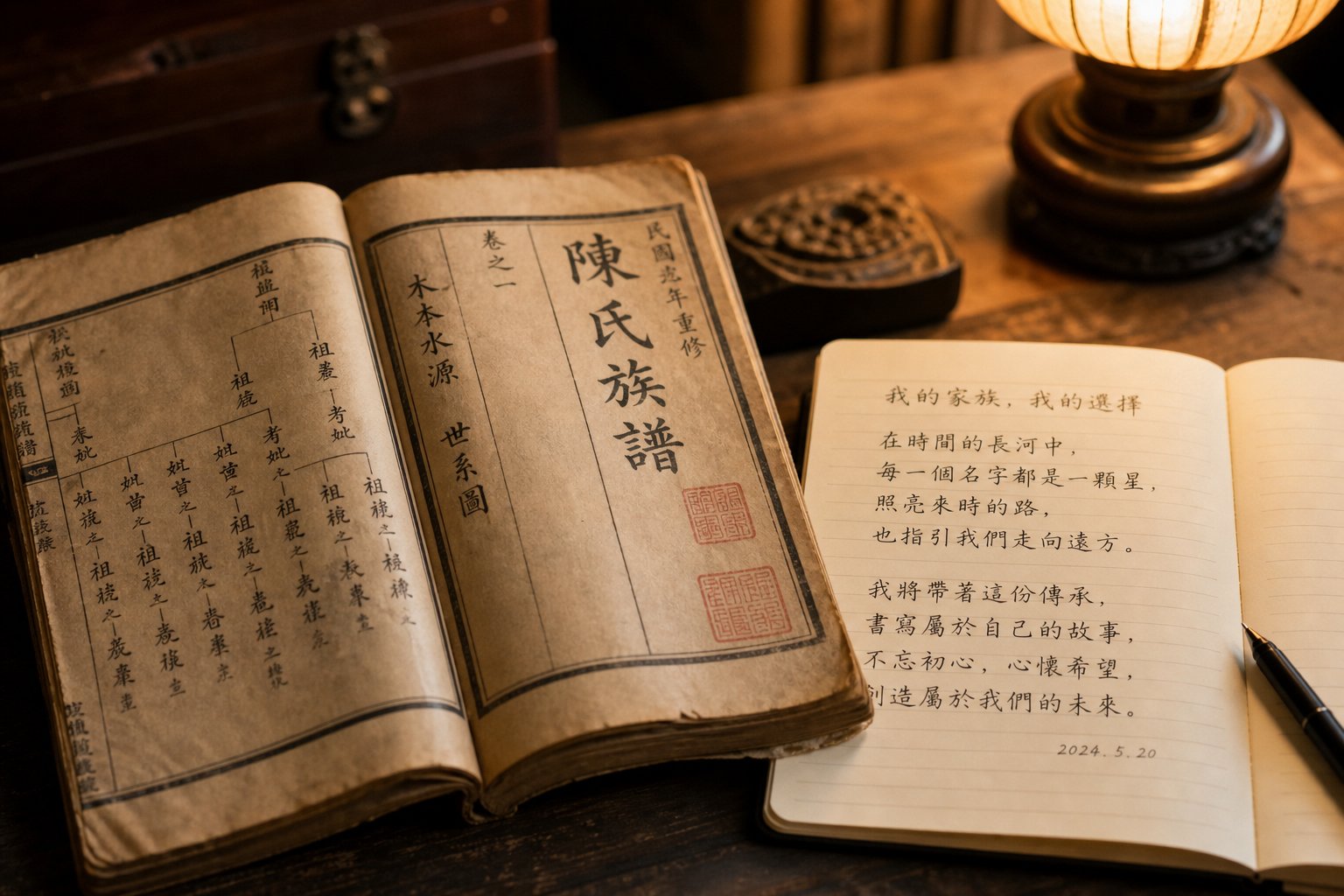 a family genealogy book alongside a personal notebook representing the balance between tradition and individual naming choices