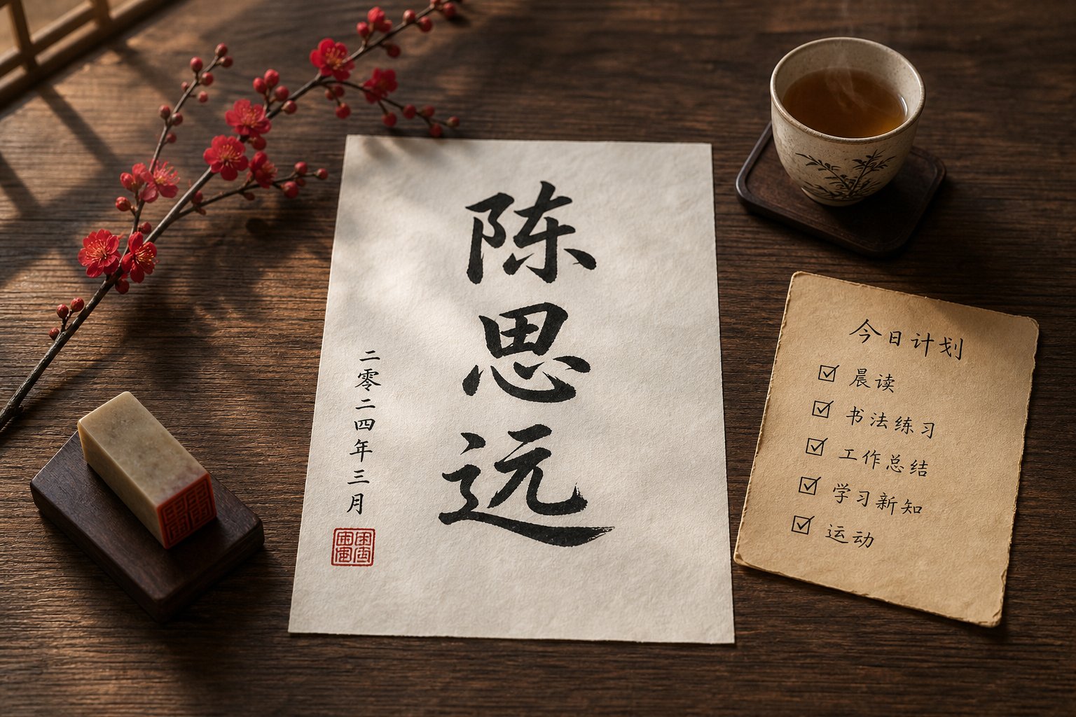 a finalized chinese name on rice paper with a verification checklist representing the last step in zodiac based naming
