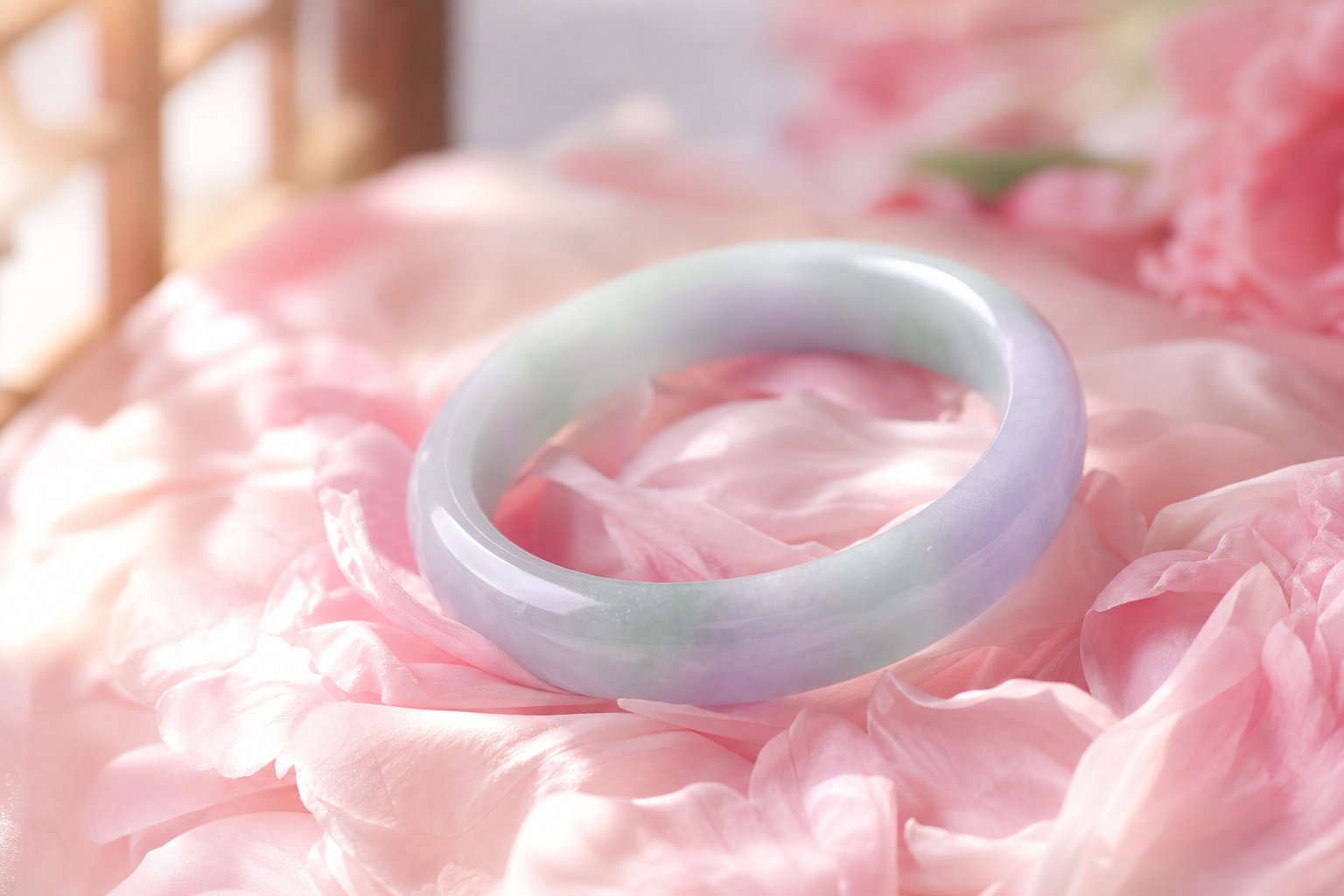 a jade bangle among peony petals representing the elegance and grace of chinese girl names with jade meanings
