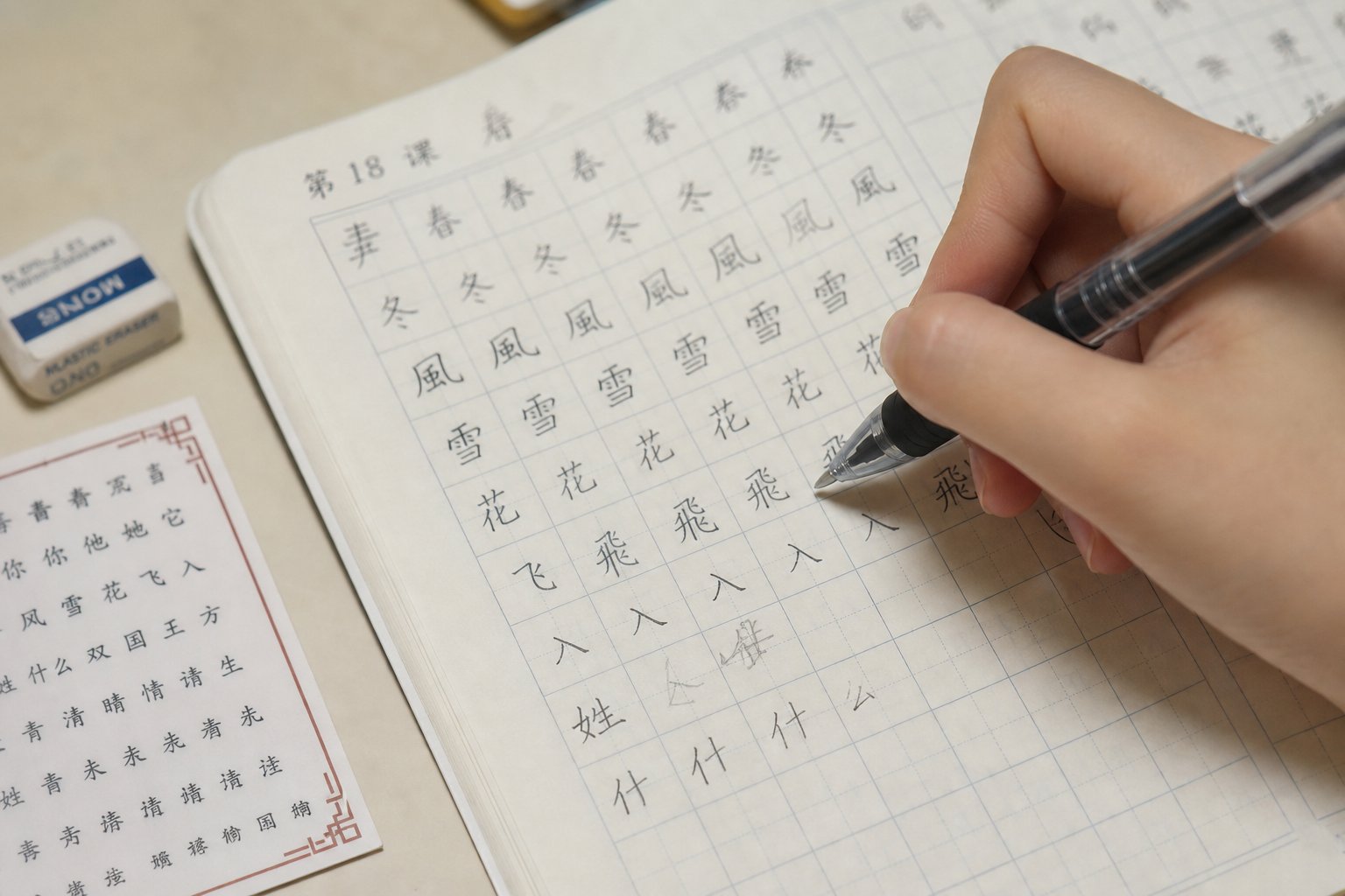 a learner practicing chinese characters in a grid notebook correcting common stroke order mistakes