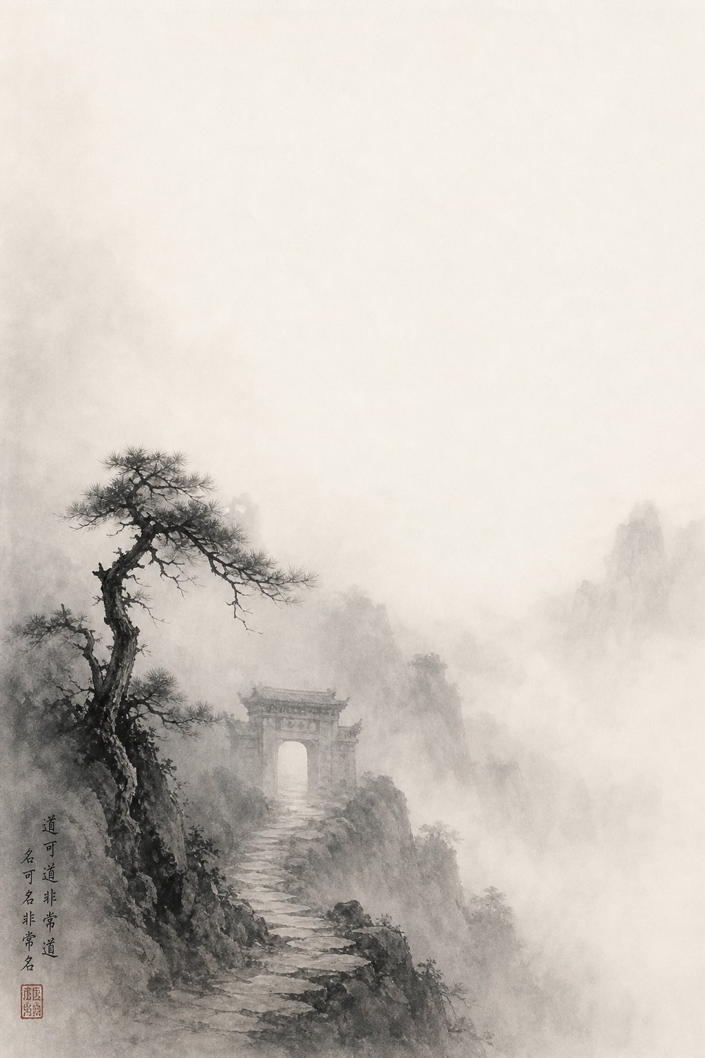 a misty mountain path evoking the mysterious identity of laozi the old master of daoism