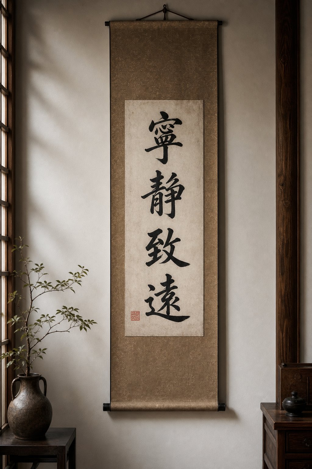 a mounted chinese calligraphy scroll with traditional red seal stamp displayed in a place of honor