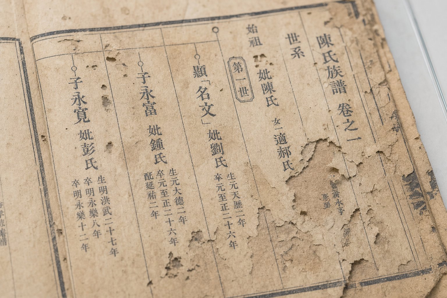 a partially damaged chinese genealogy page showing common preservation challenges including water stains and faded characters