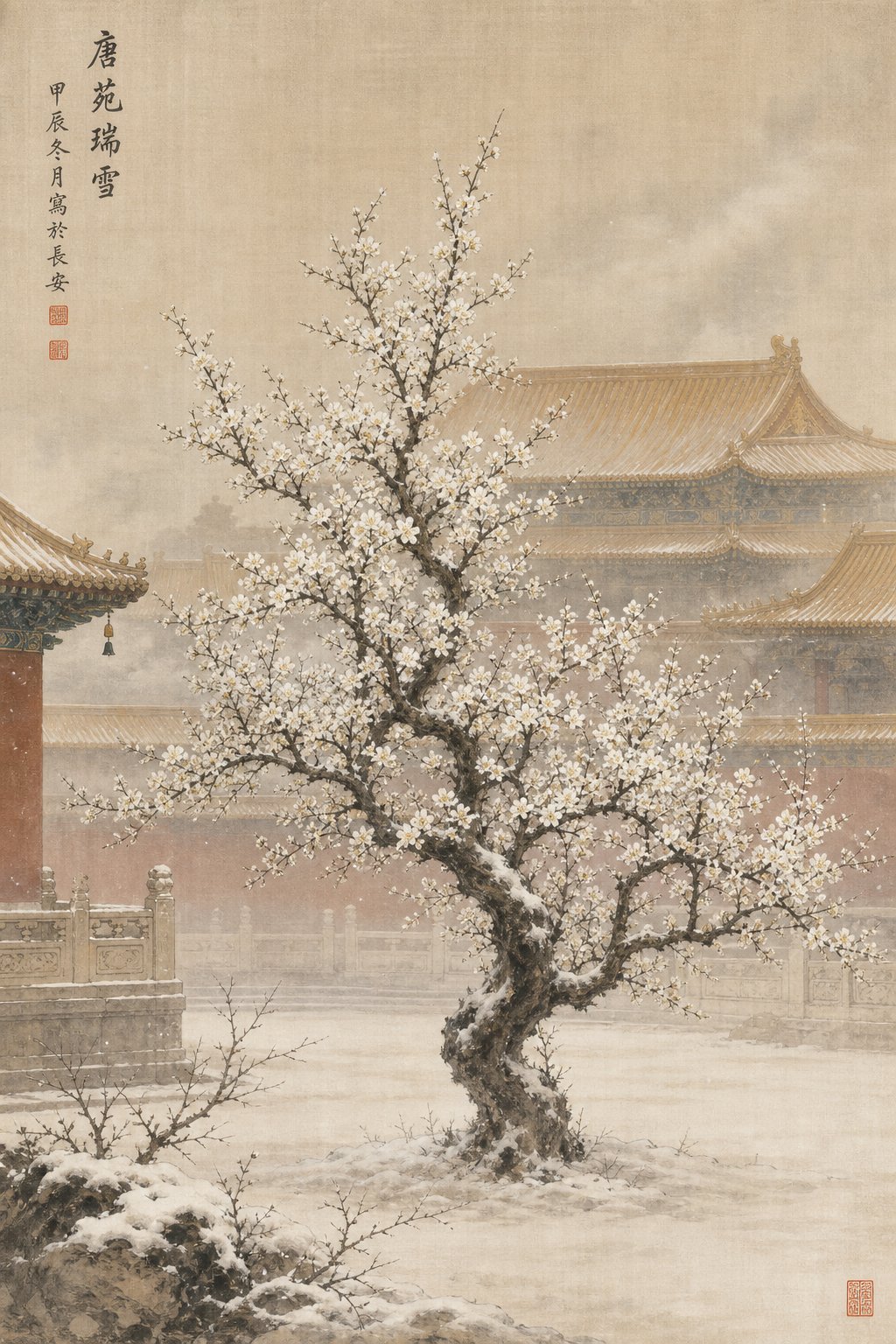 a plum tree blooming in a tang dynasty palace courtyard representing the imperial and natural symbolism of the li surname
