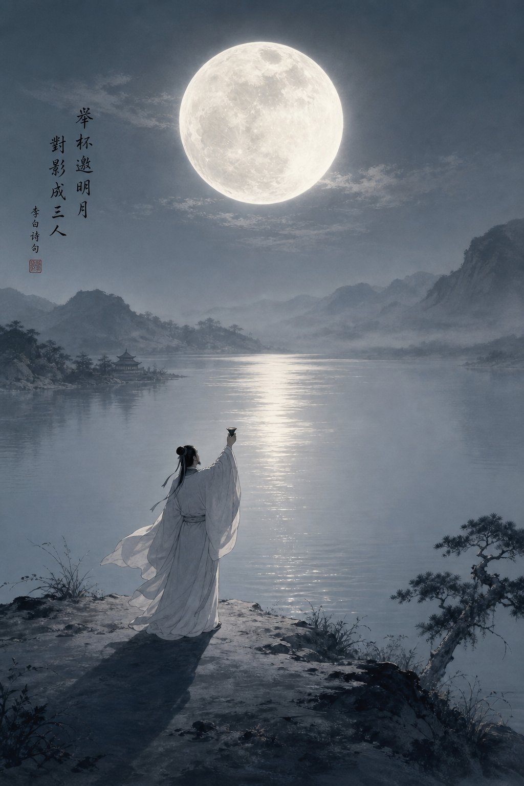 a poet drinking alone under the moon embodying the brightness and solitude woven into li bai's name and verse