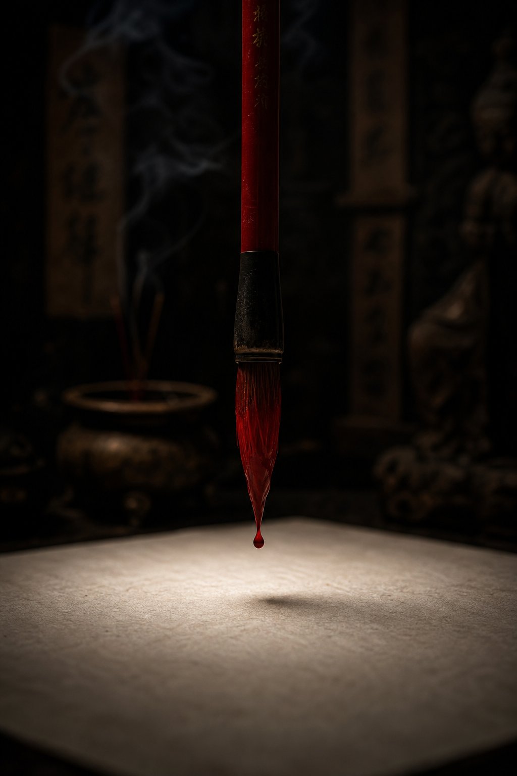 a red ink brush poised over paper evoking the ancient chinese taboo against writing names in red