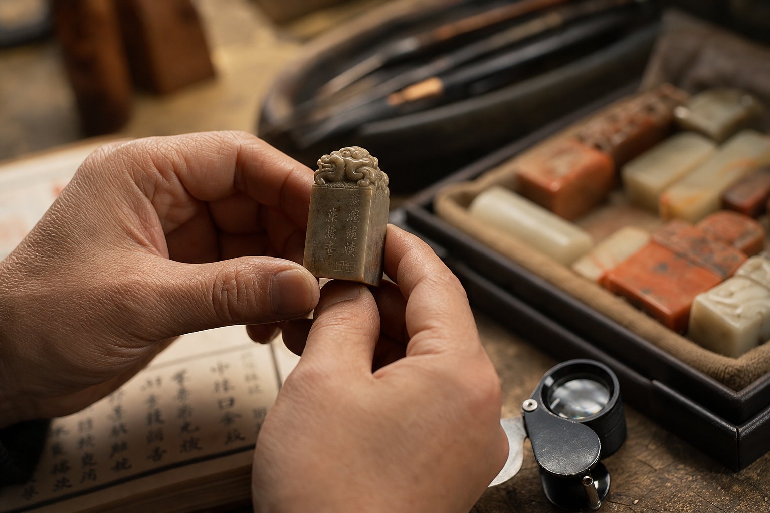 a seal carver inspecting a finished hand carved stone seal for quality and precision