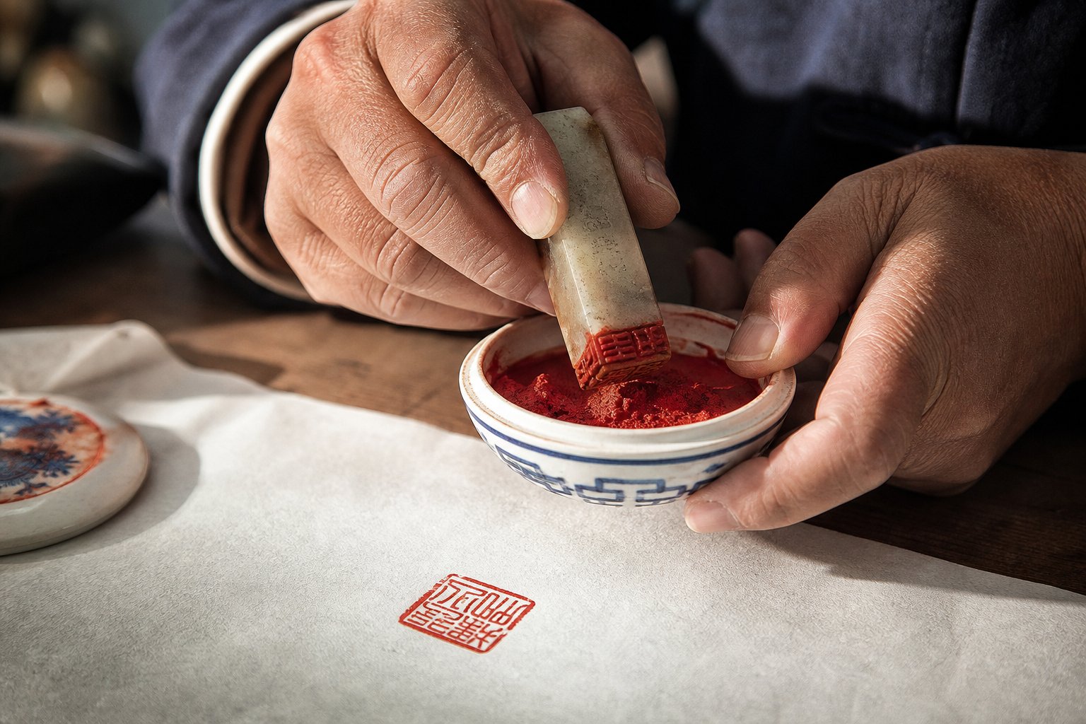 a seal carver pressing a finished stone seal into red cinnabar paste to create a traditional impression on paper
