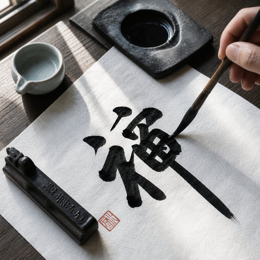 a single chinese character brushed in ink representing the weight of meaning carried by rare surname characters