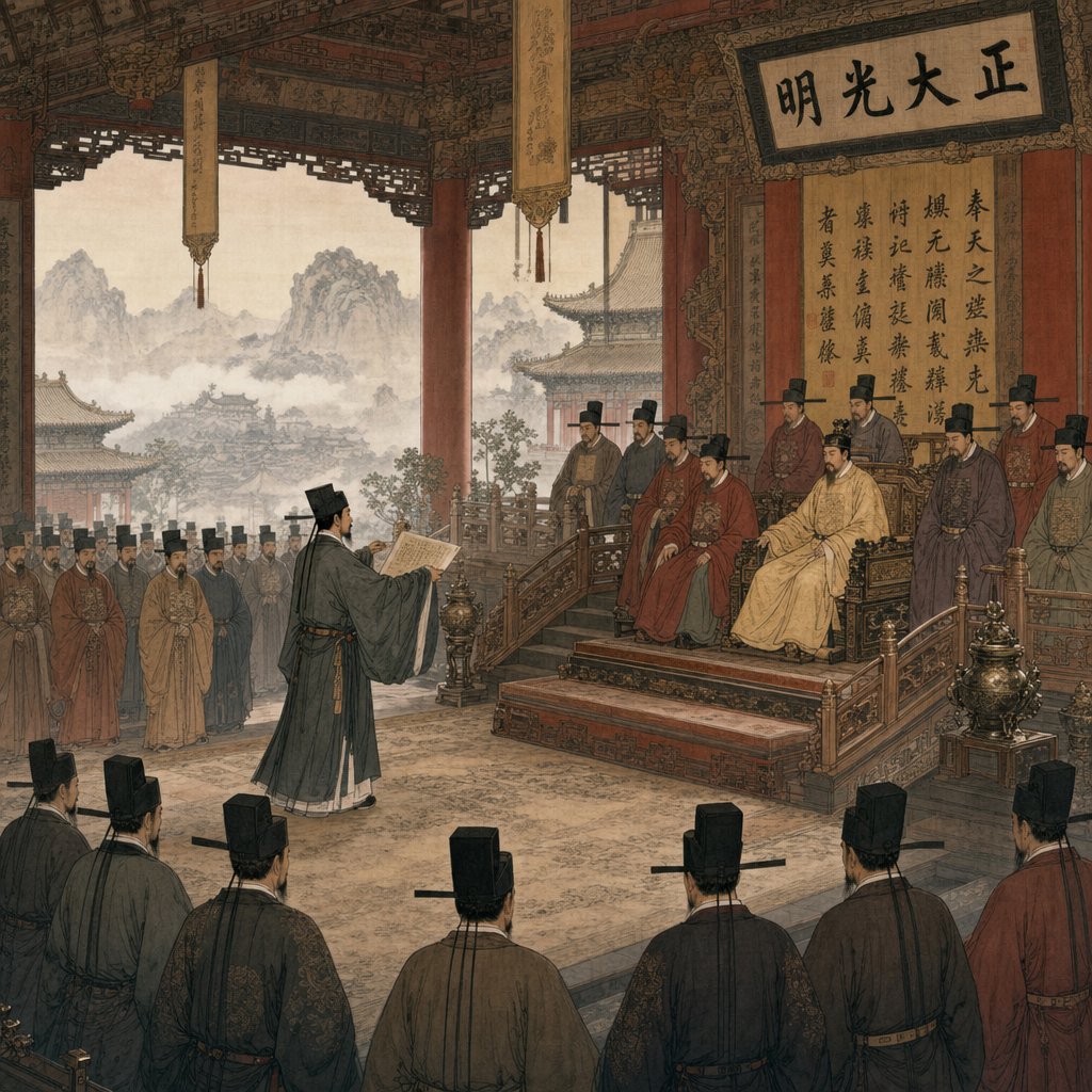 a song dynasty court scene reflecting the political era when the bai jia xing was compiled