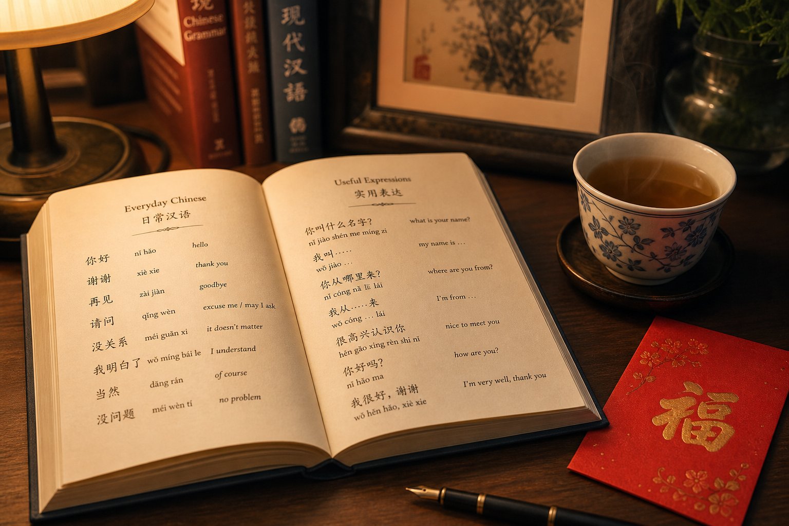 a study scene with chinese characters and pinyin representing the practical approach to understanding red related chinese names