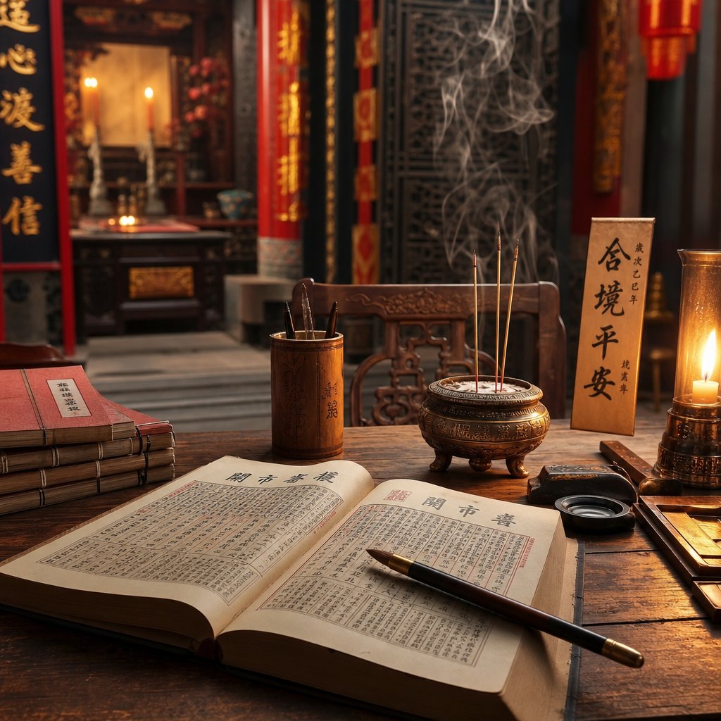 a temple setting where taiwanese families consult fortune tellers to select auspicious names for newborns