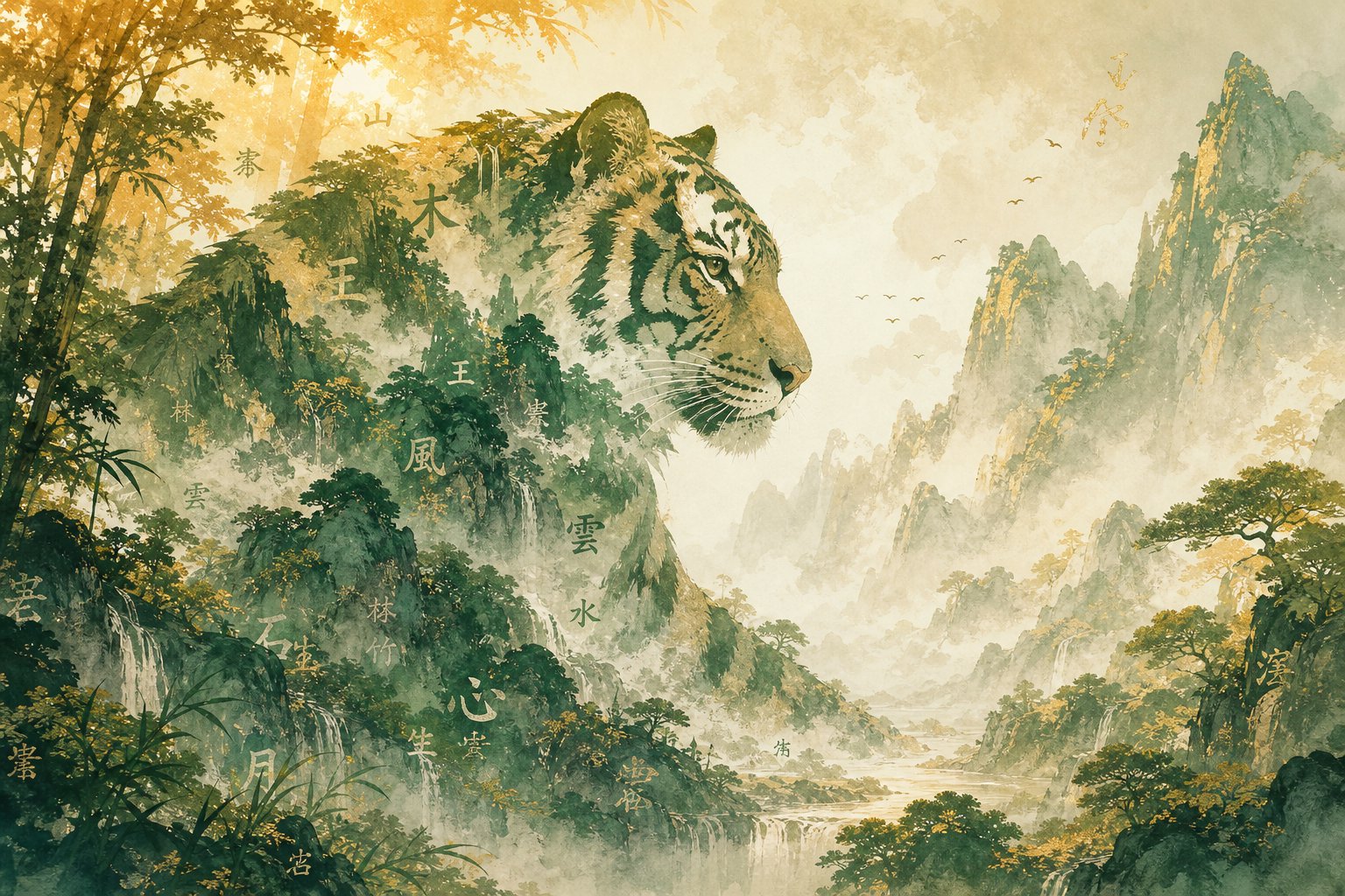a tiger surrounded by forest and mountain elements symbolizing favorable radicals for tiger zodiac naming