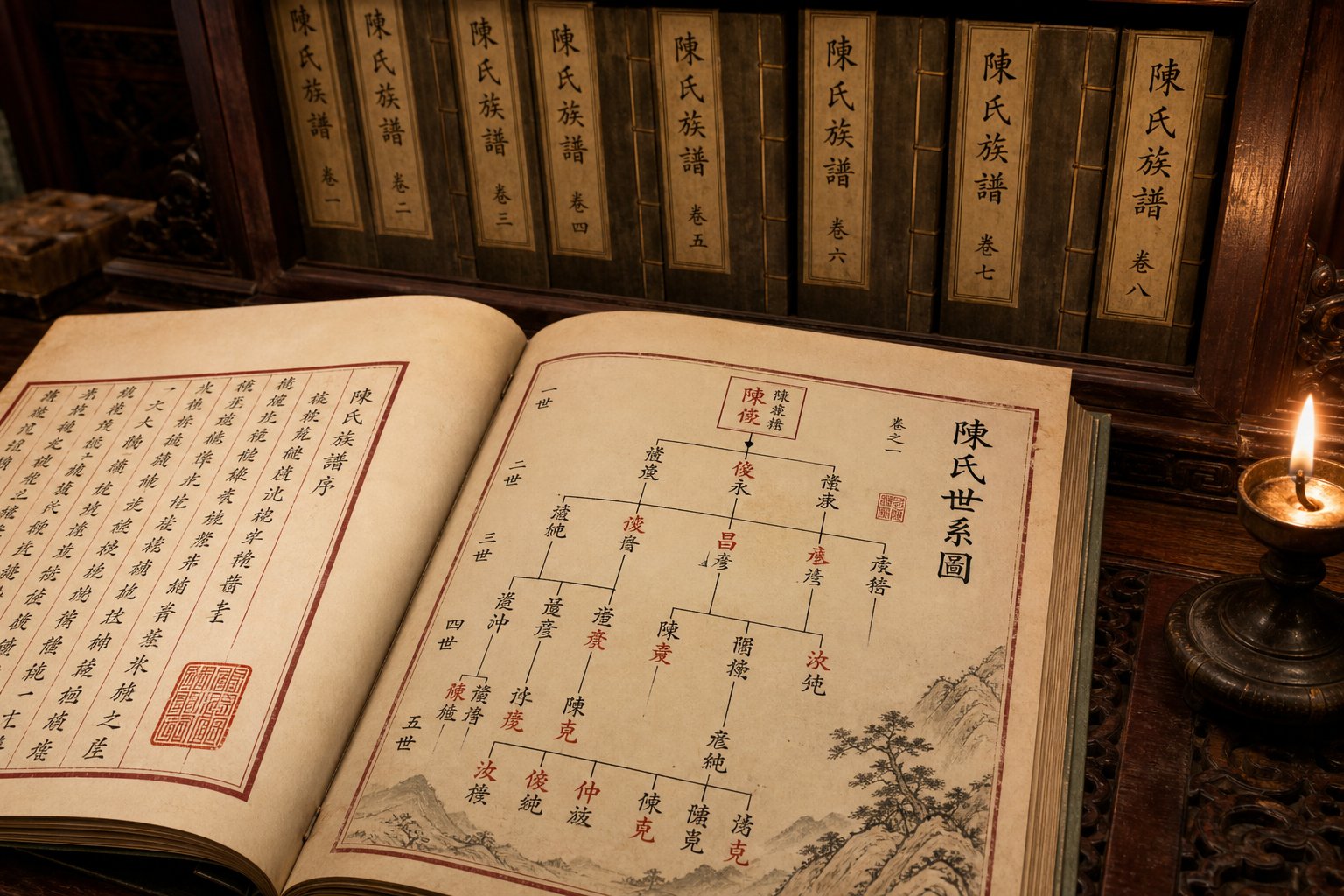 a traditional jiapu clan genealogy book displaying a multi generational pedigree chart in classical chinese format