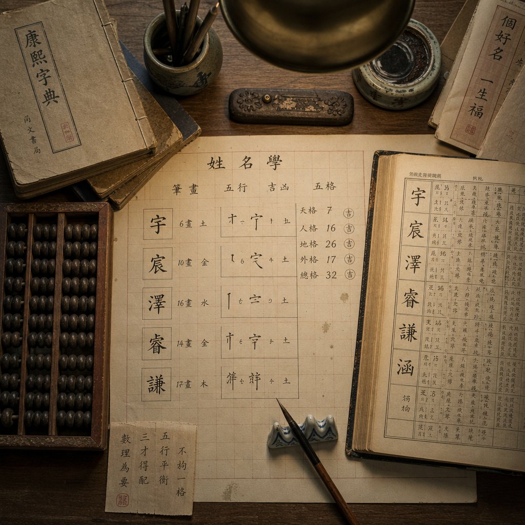 a traditional naming workspace with stroke count references illustrating the meticulous process of calculating name auspiciousness