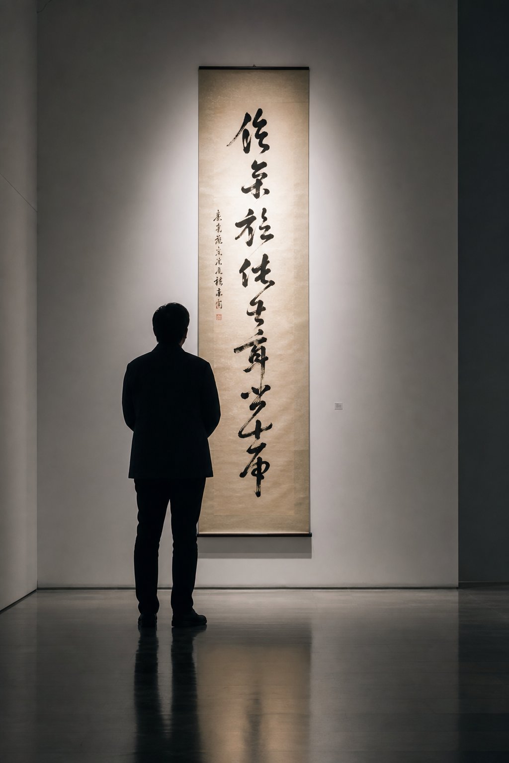a viewer appreciating a running script calligraphy scroll in a museum gallery setting