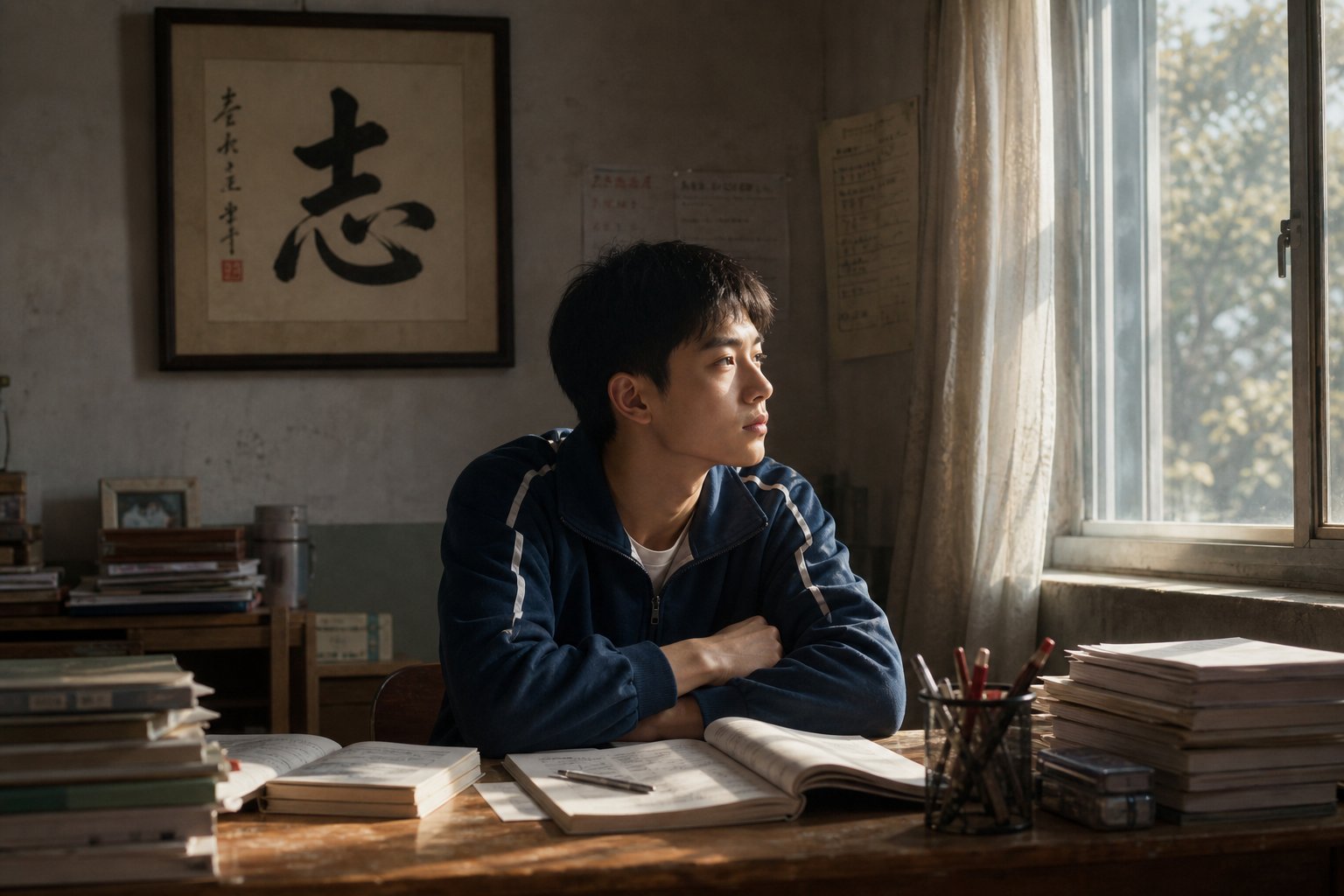 a young person studying beneath a framed name character reflecting the lifelong connection between chinese naming and family achievement expectations
