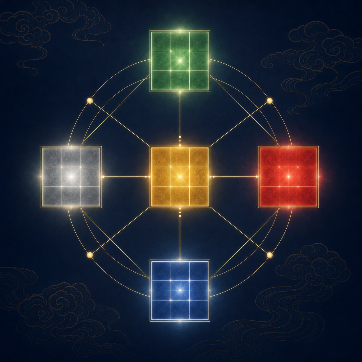 abstract representation of the wu ge five grids system showing how name stroke counts connect across five life spheres