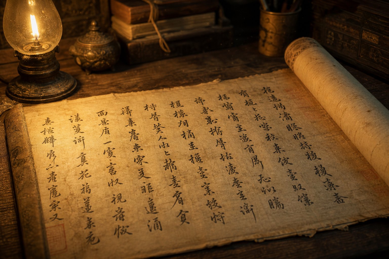 an ancient calligraphy scroll displaying the elegant semi cursive style perfected by historical masters