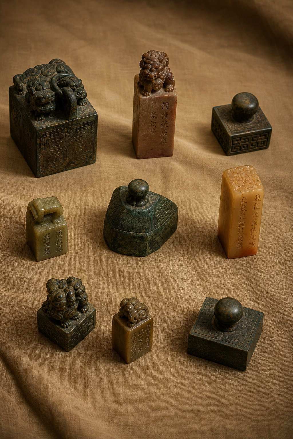 ancient chinese seals spanning multiple dynasties showing the evolution from bronze official seals to carved stone artistic seals