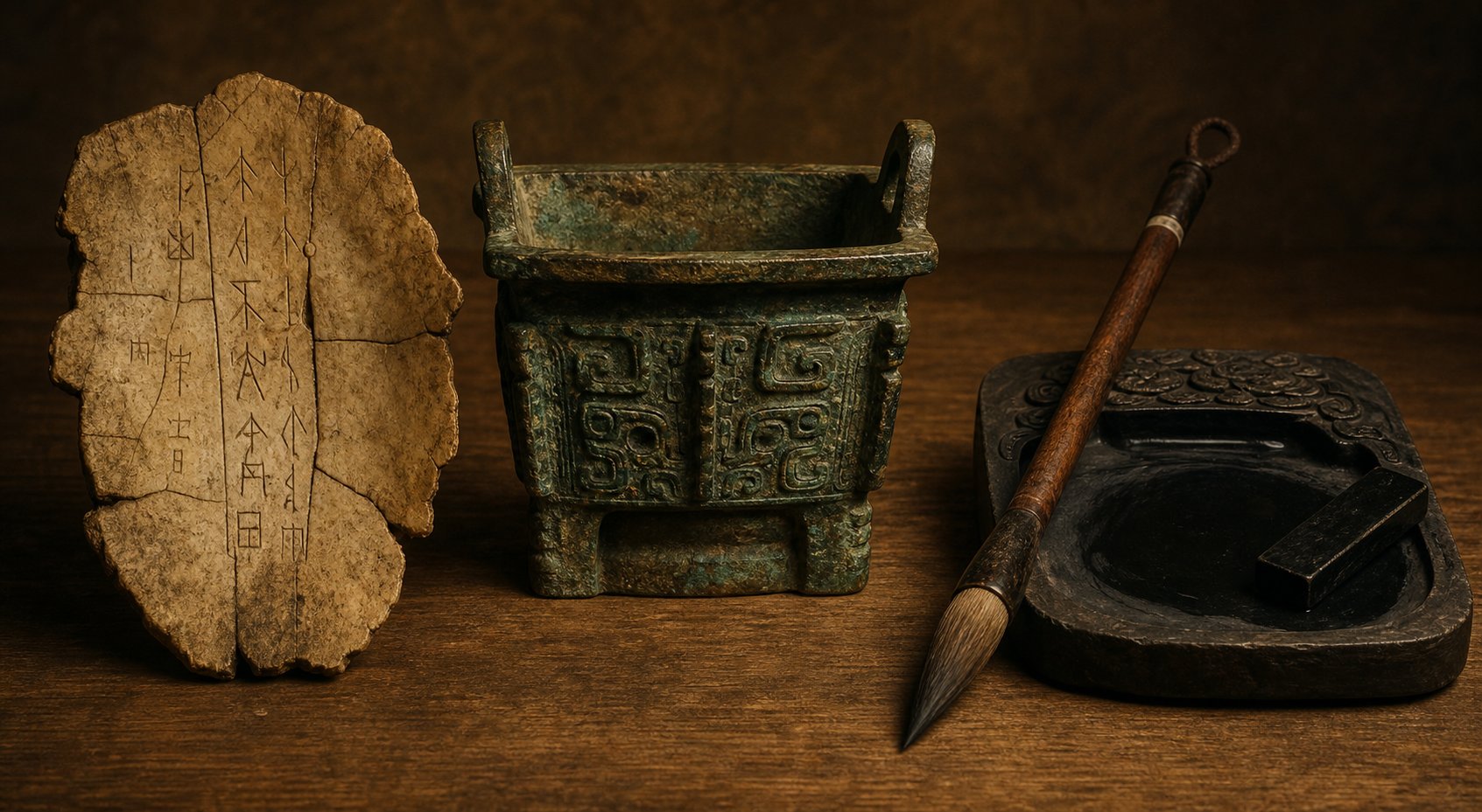 ancient chinese writing materials representing the evolution of script from oracle bones to brush calligraphy
