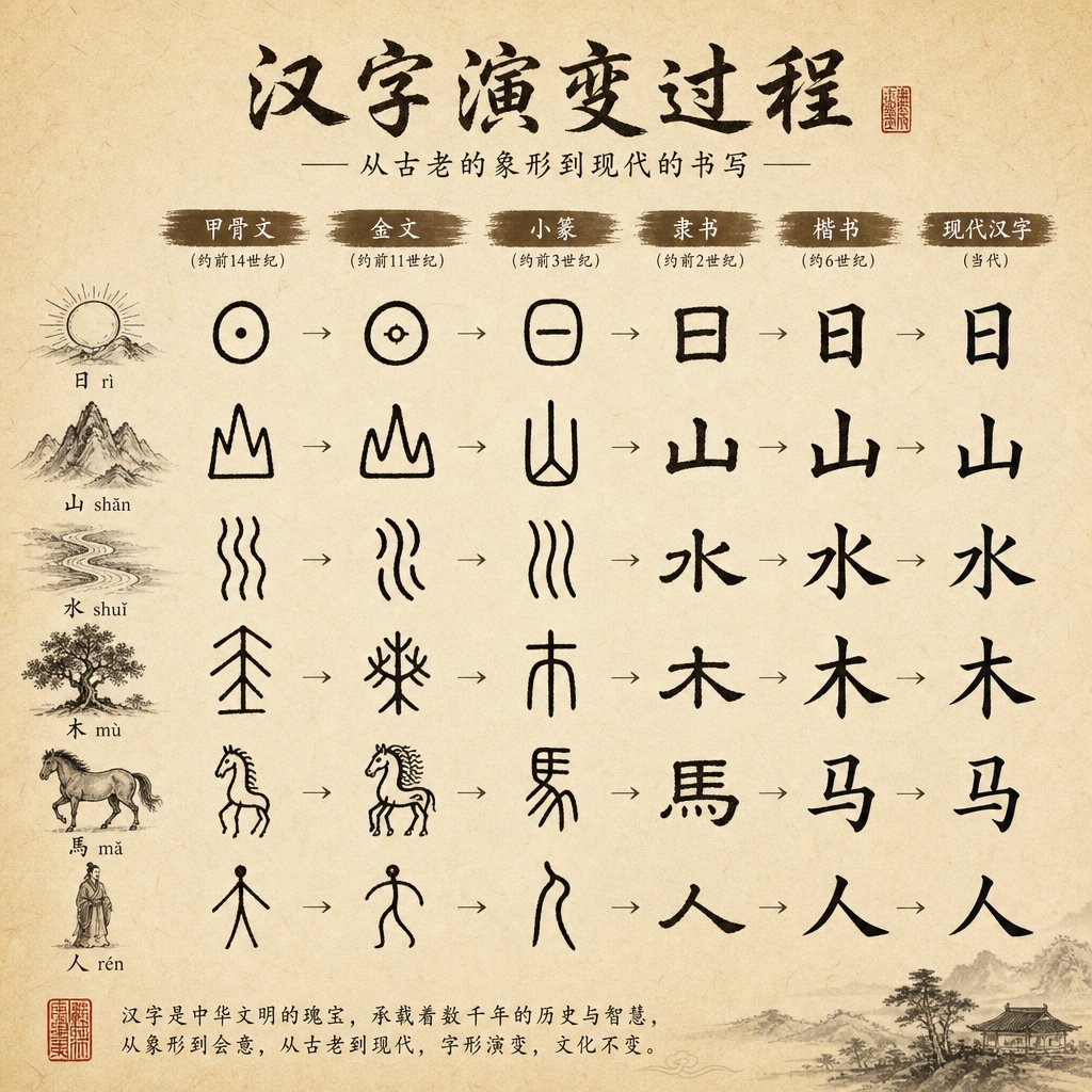 ancient seal script characters alongside their modern equivalents showing the pictographic evolution of chinese writing