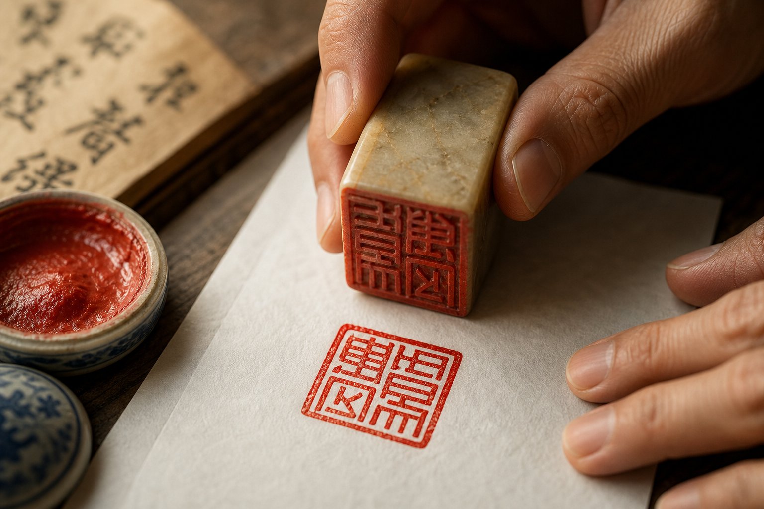 applying a carved chinese seal stamp to rice paper with cinnabar paste for a crisp red impression