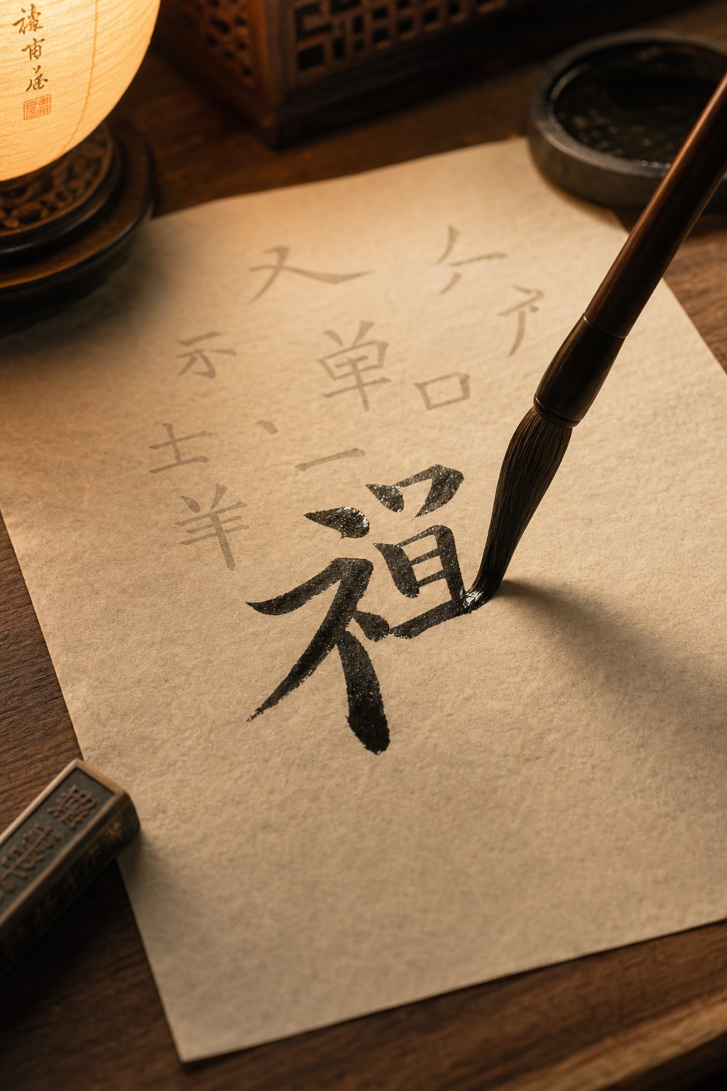 calligraphy brush composing a chinese name illustrating how multiple radicals combine into harmonious characters