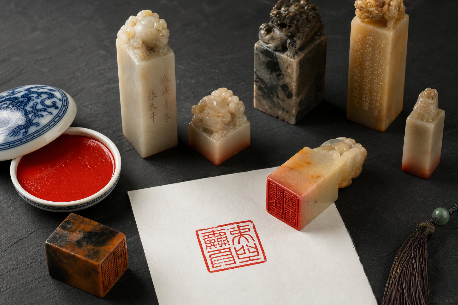 carved personal name seals in stone with a fresh vermillion impression showing seal script characters