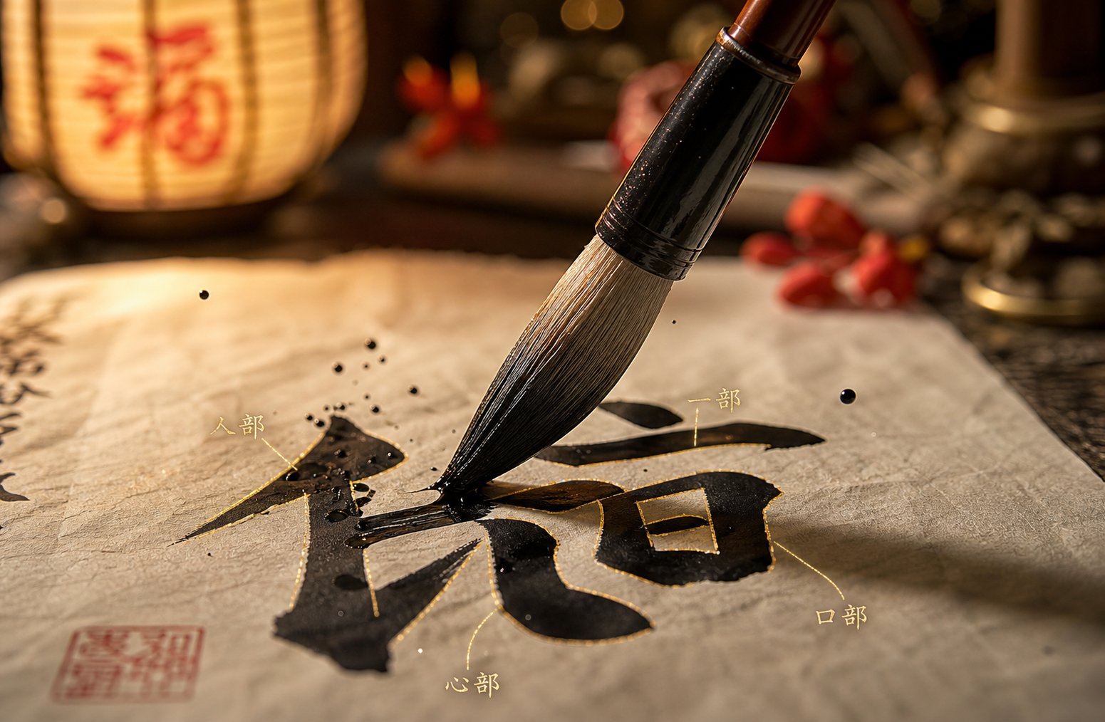 chinese calligraphy brush forming characters with radicals that carry symbolic meaning in dragon year baby naming