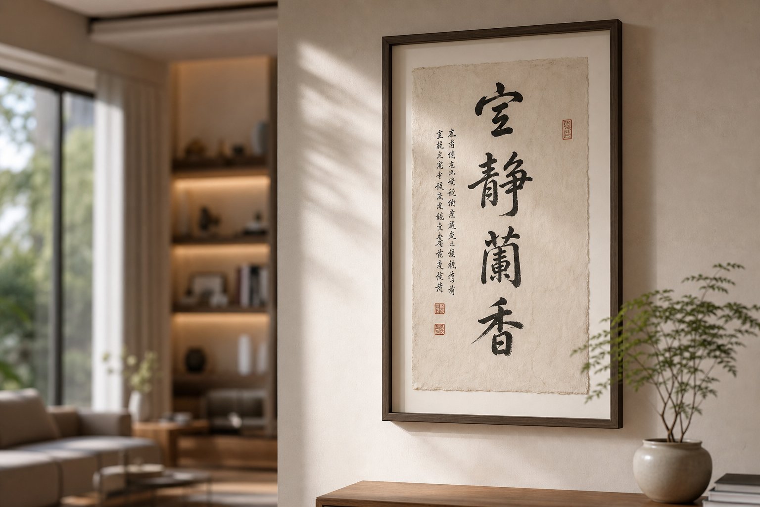 chinese calligraphy name art displayed in a modern floating frame as elegant home decor