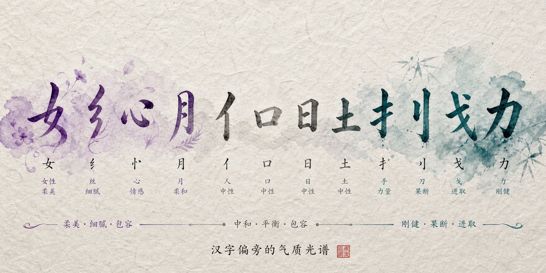 chinese character radicals arranged along a spectrum showing how structural components carry gender associations