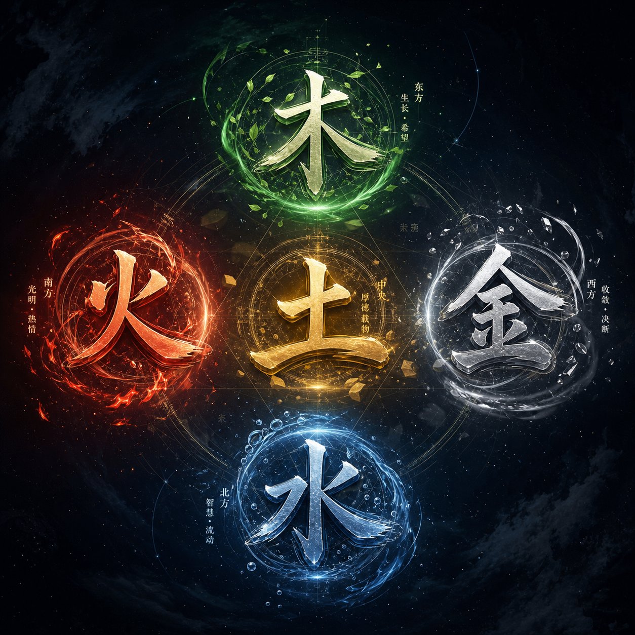 chinese name characters grouped by the five elements with color coded elemental auras