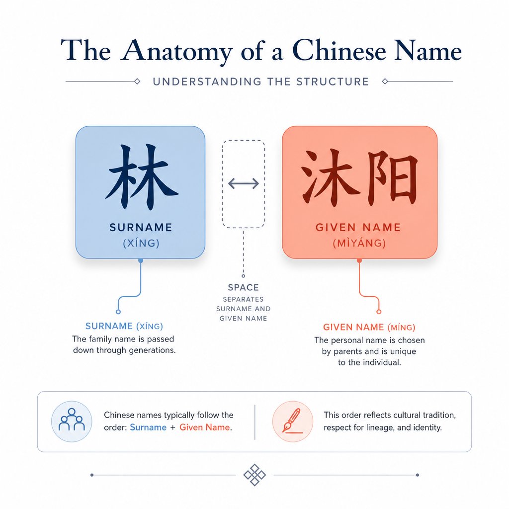 chinese name structure follows a two part pattern surname first then given name separated by a single space