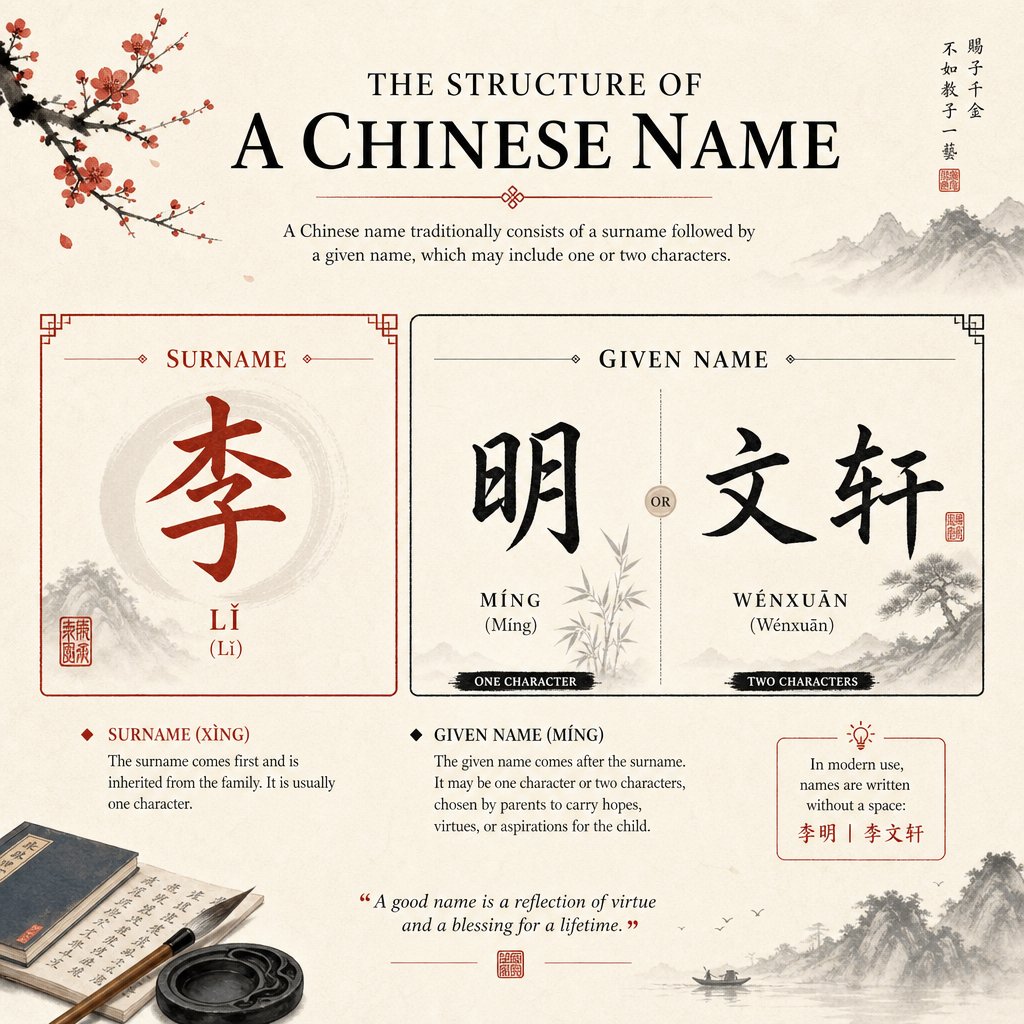 chinese name structure showing the surname first convention followed by one or two given name characters