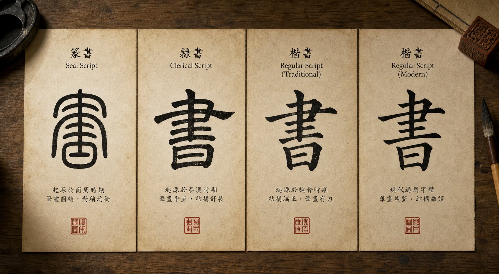 chinese script styles ranging from ancient seal script to modern regular script