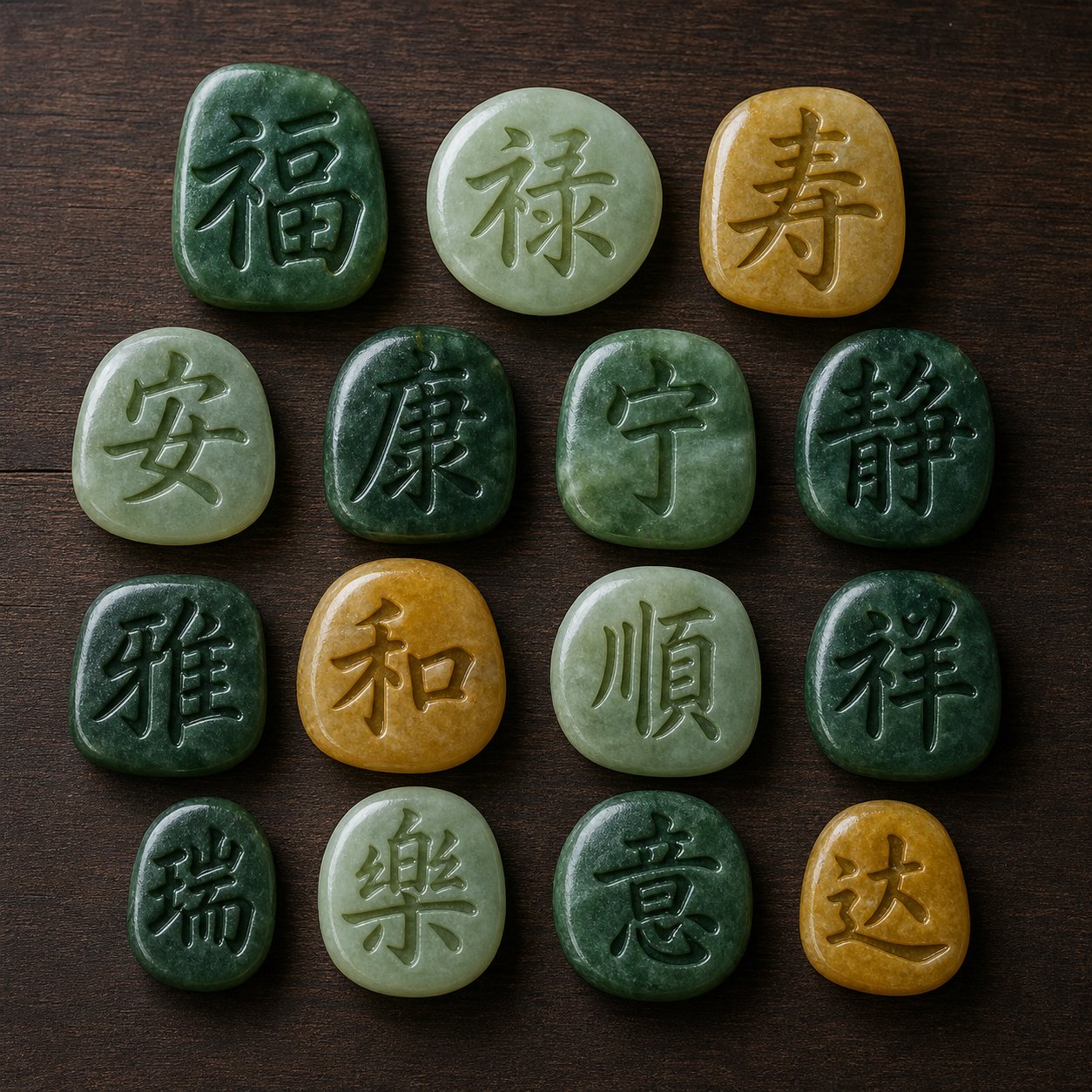 chinese success characters displayed as carved jade pieces symbolizing the precious nature of each name element
