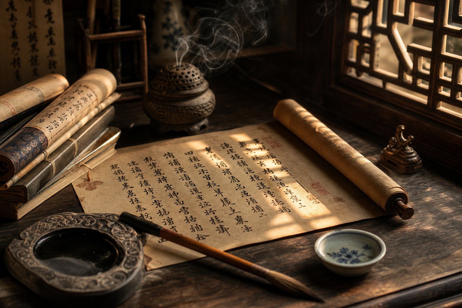 classical chinese poetry scrolls and calligraphy tools symbolizing literary naming traditions spanning millennia