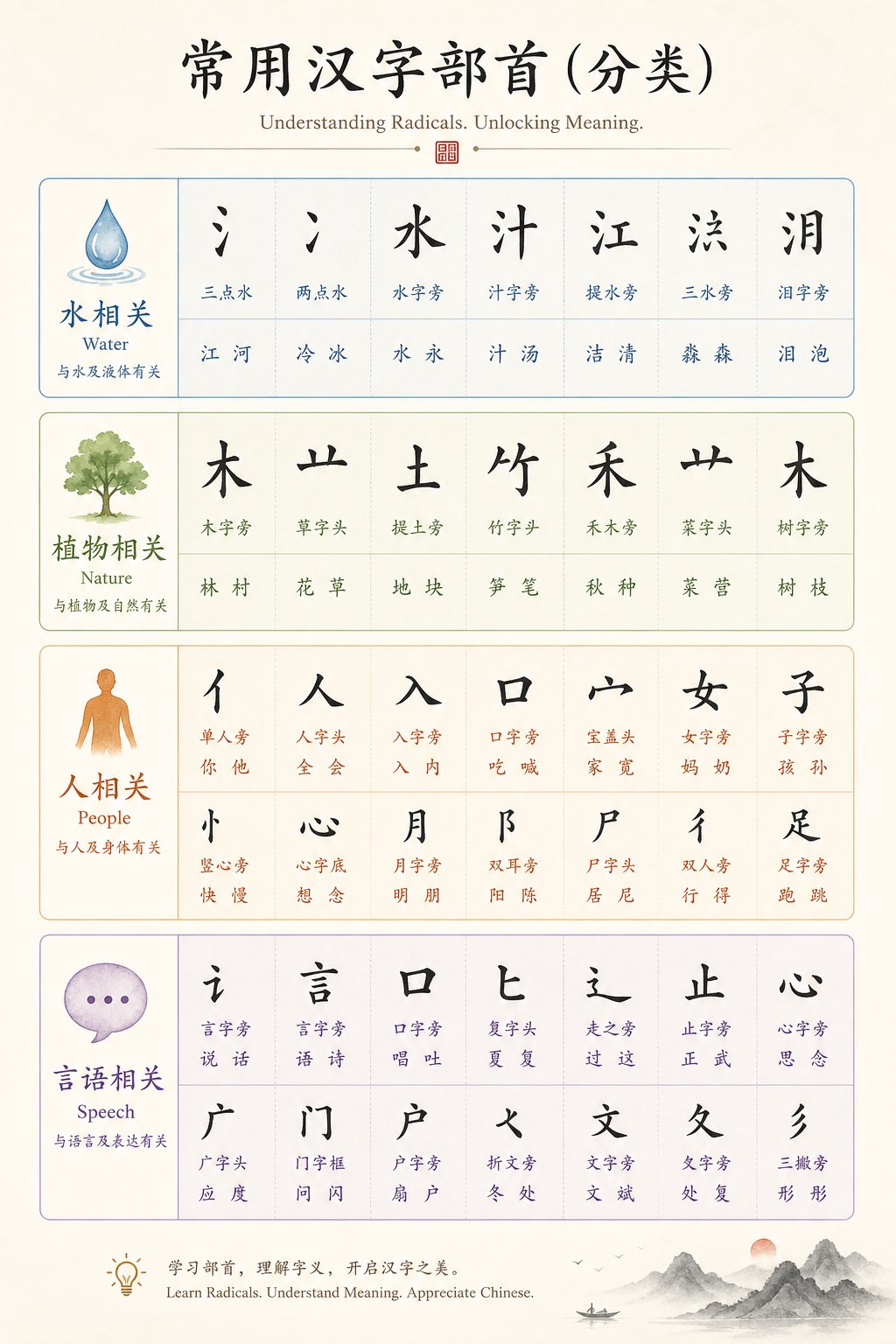 common chinese radicals grouped by meaning categories for efficient learning