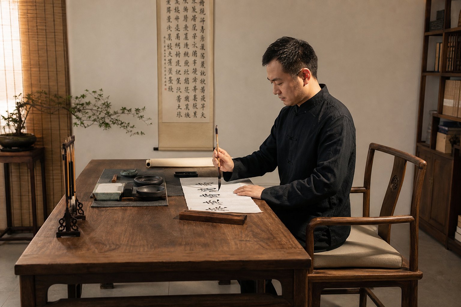 correct seated posture for chinese calligraphy with suspended wrist position and flat writing surface