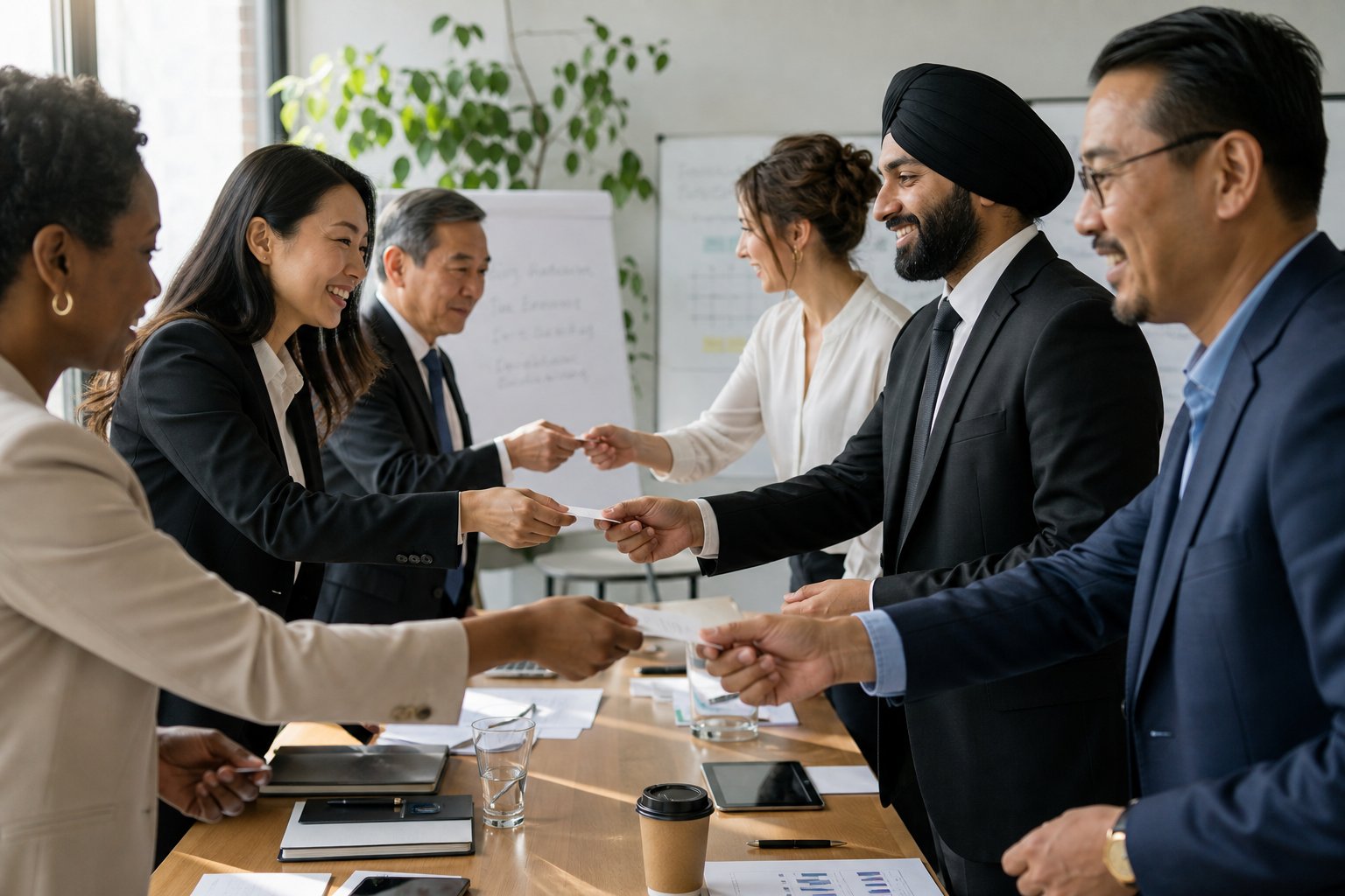 cross cultural professionals exchanging names confidently using clear ordering conventions