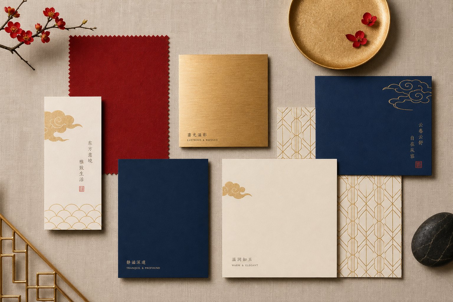 culturally appropriate color palette combining red gold and navy tones for cross cultural business card design