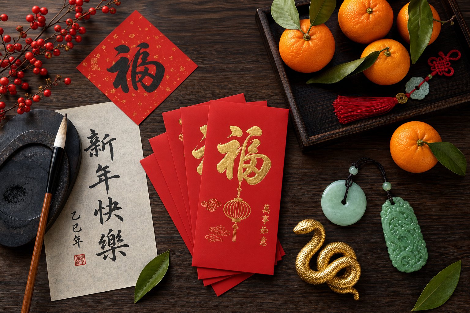 curated arrangement of snake year lucky charms red envelopes and auspicious color elements for intentional display