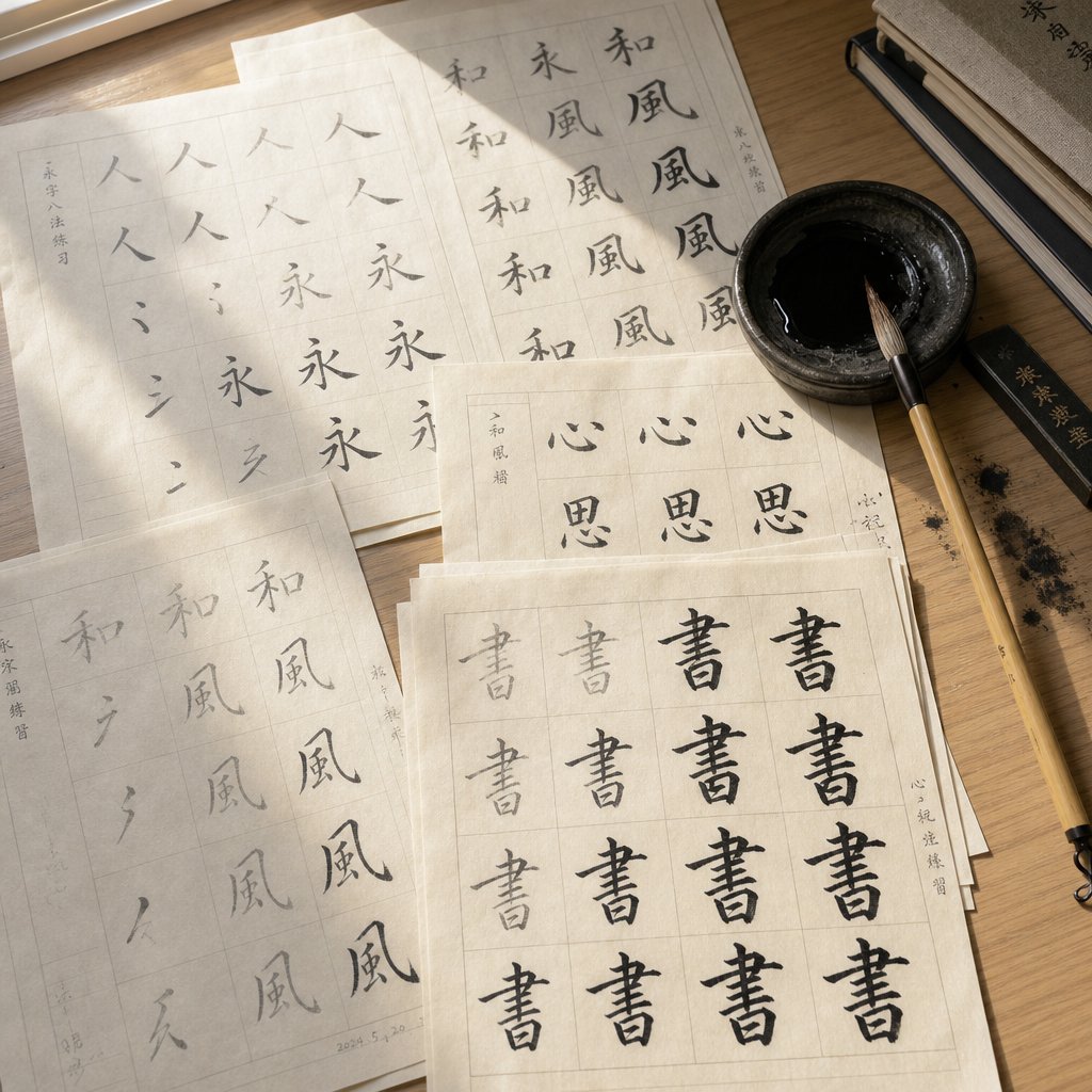 daily calligraphy practice sheets showing progressive improvement from basic strokes to complete characters