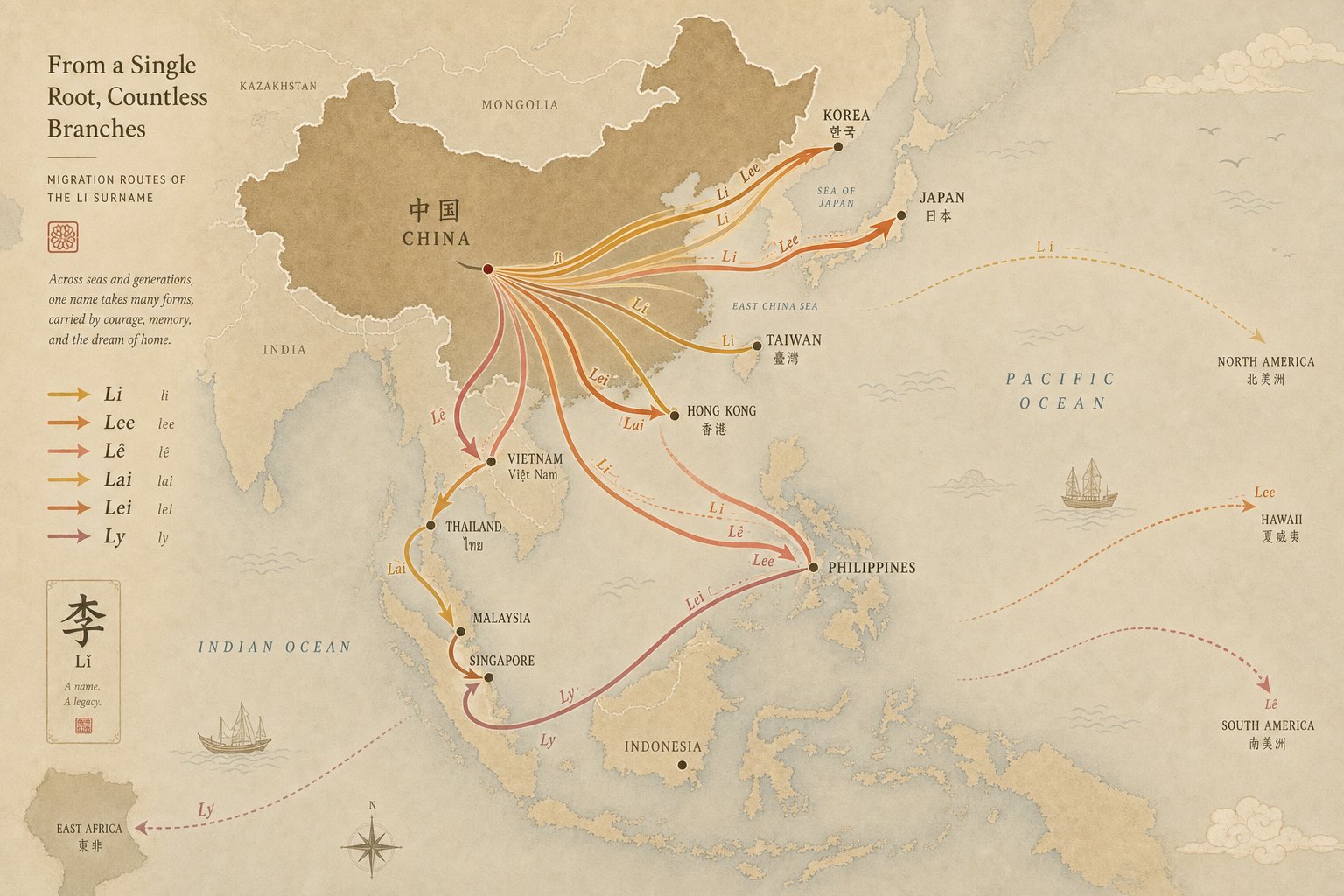 diaspora paths showing how the same chinese surname takes different romanized forms across regions and dialect communities