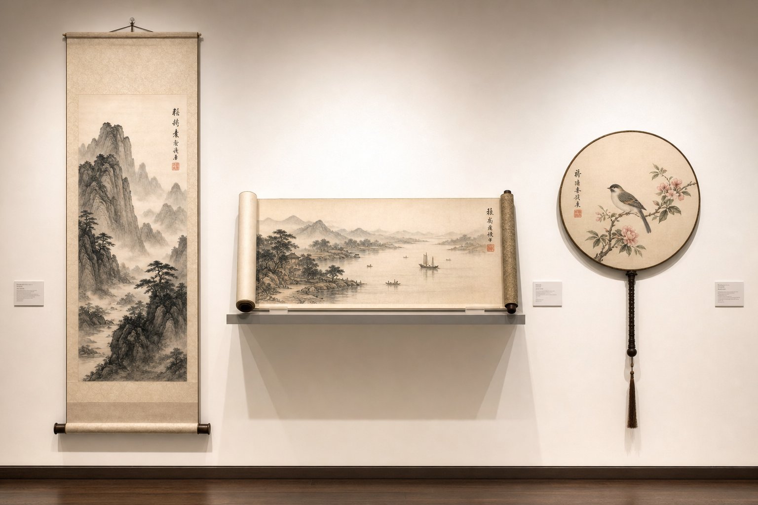 different chinese painting formats showing traditional signature and seal placement conventions