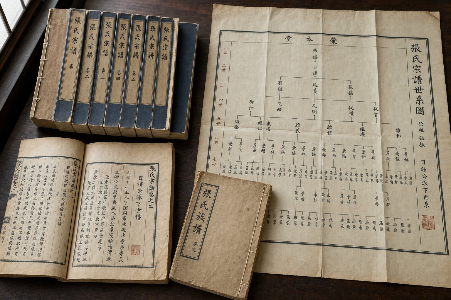 different formats of chinese genealogy records including multi volume clan genealogies branch records and hanging lineage charts