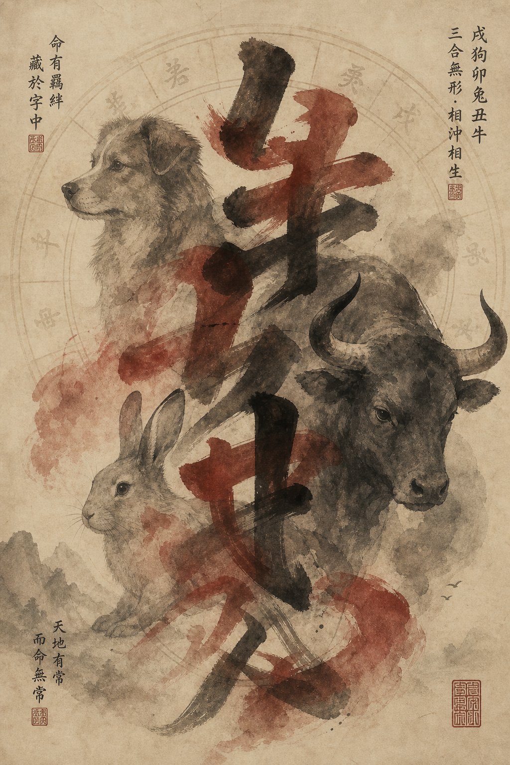 dog rabbit and ox zodiac silhouettes representing the three conflict animals whose radicals should be avoided in dragon names